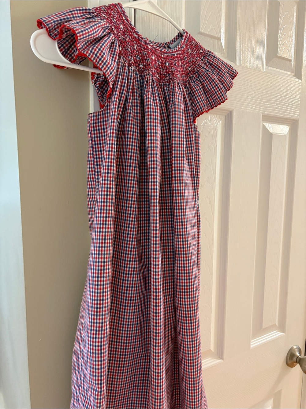 Smocked Ruffle Gingham Maxi Dress - Red, White & Blue.